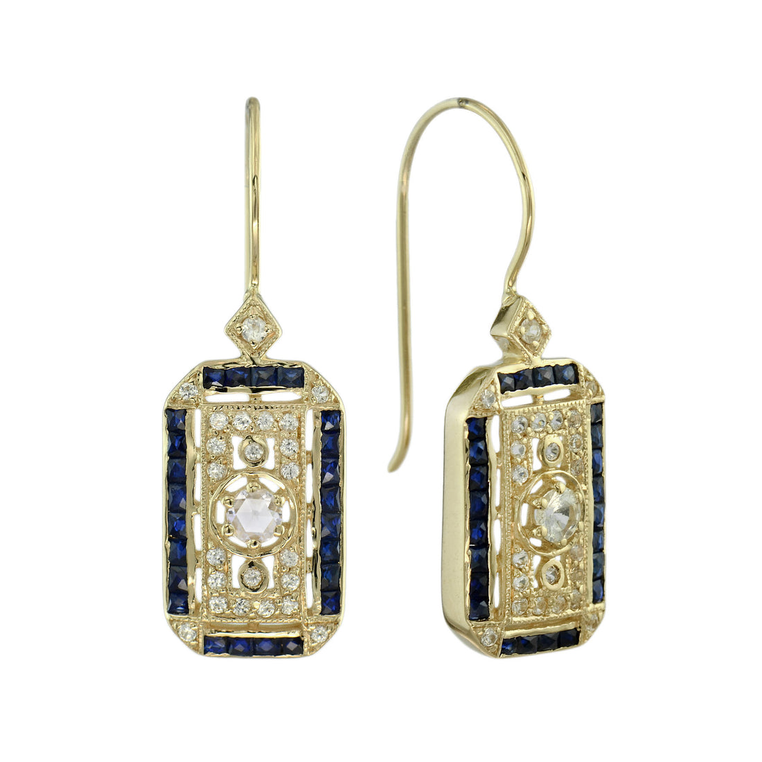 Old Cut Diamond & Blue Sapphire Antique Style Filigree Yellow Gold Earrings