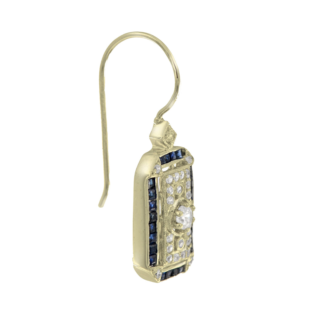 Old Cut Diamond & Blue Sapphire Antique Style Filigree Yellow Gold Earrings