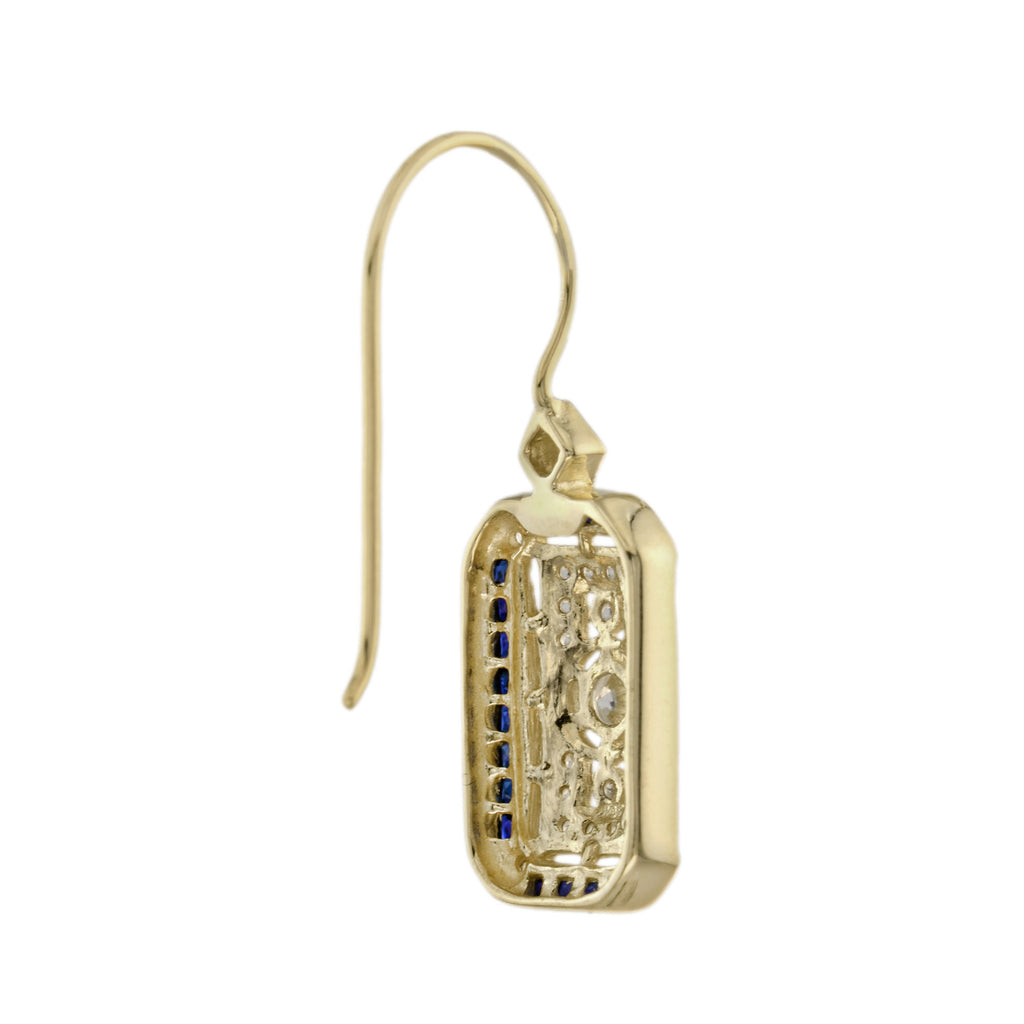 Old Cut Diamond & Blue Sapphire Antique Style Filigree Yellow Gold Earrings
