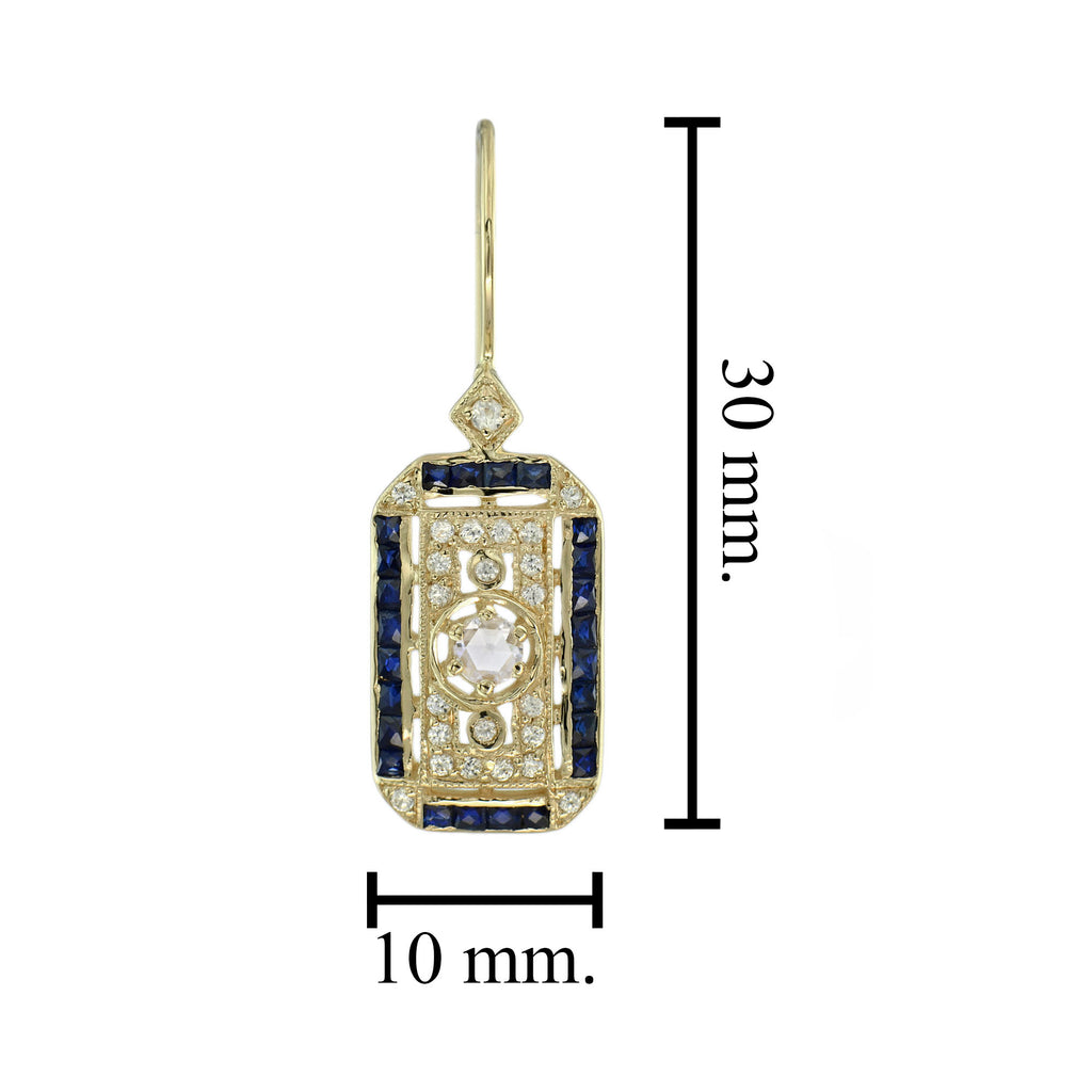 Old Cut Diamond & Blue Sapphire Antique Style Filigree Yellow Gold Earrings