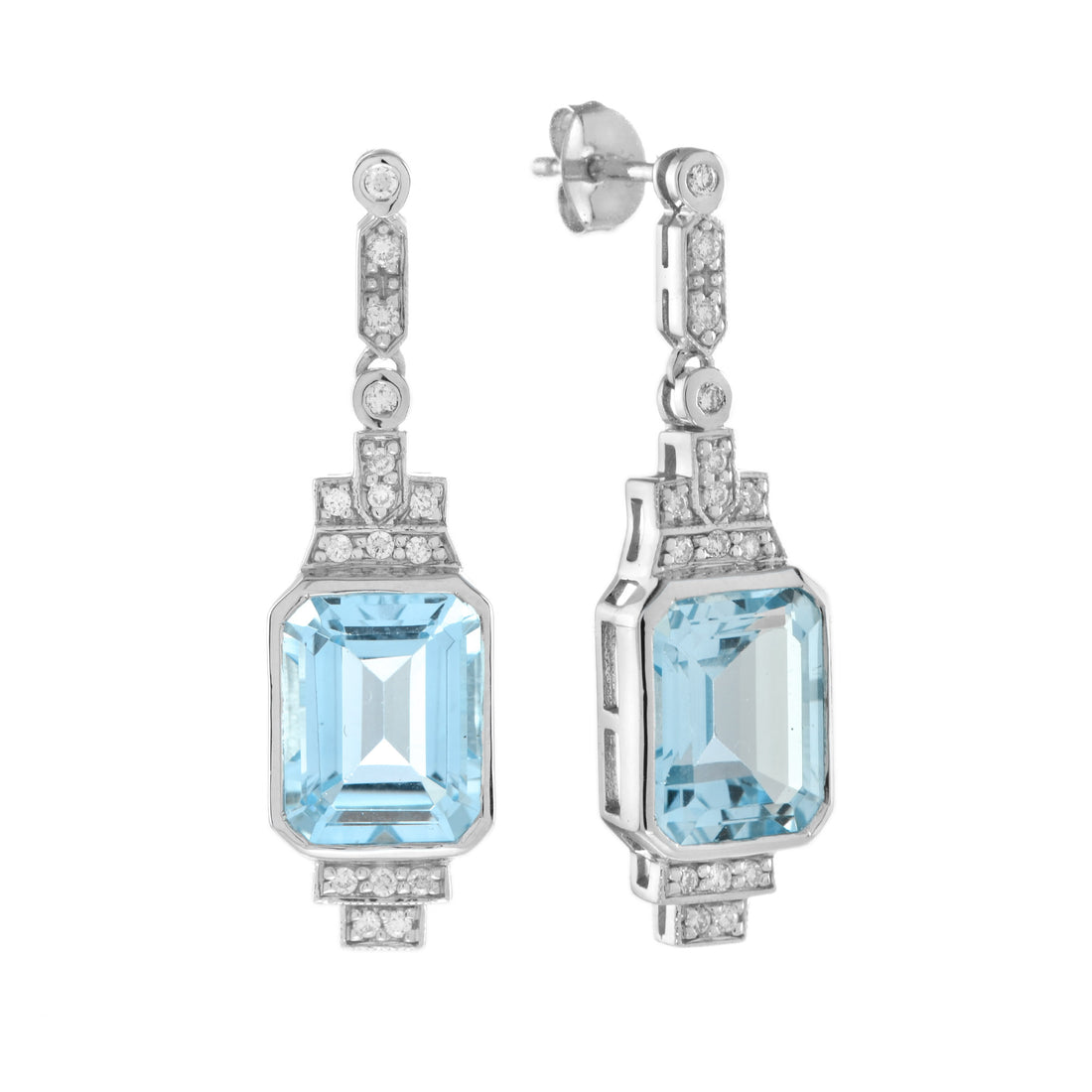 Art Deco Style Octagon Shape Cut Blue Topaz & Diamond White Gold Earrings