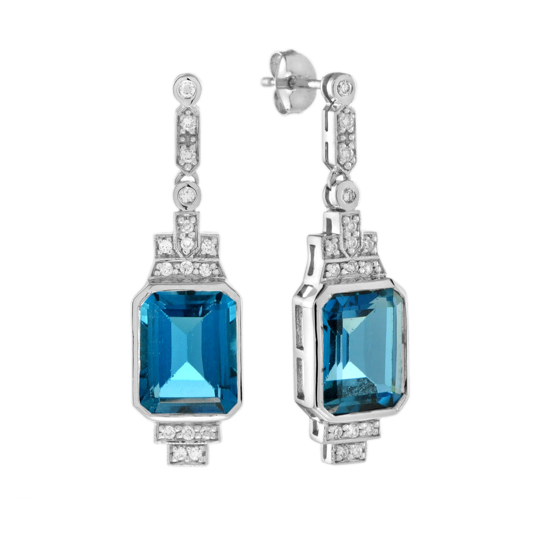 London Blue Topaz & Diamond Step Art Deco Style Drop White Gold Earrings