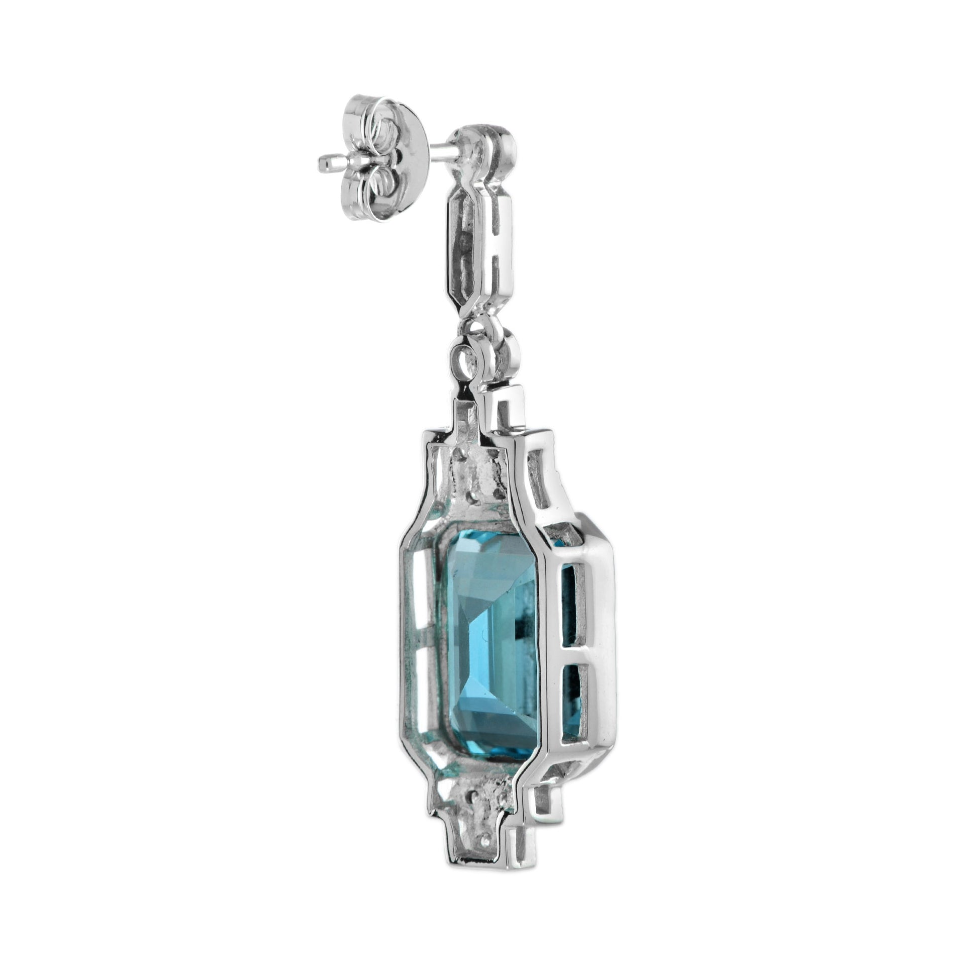 London Blue Topaz & Diamond Step Art Deco Style Drop White Gold Earrings