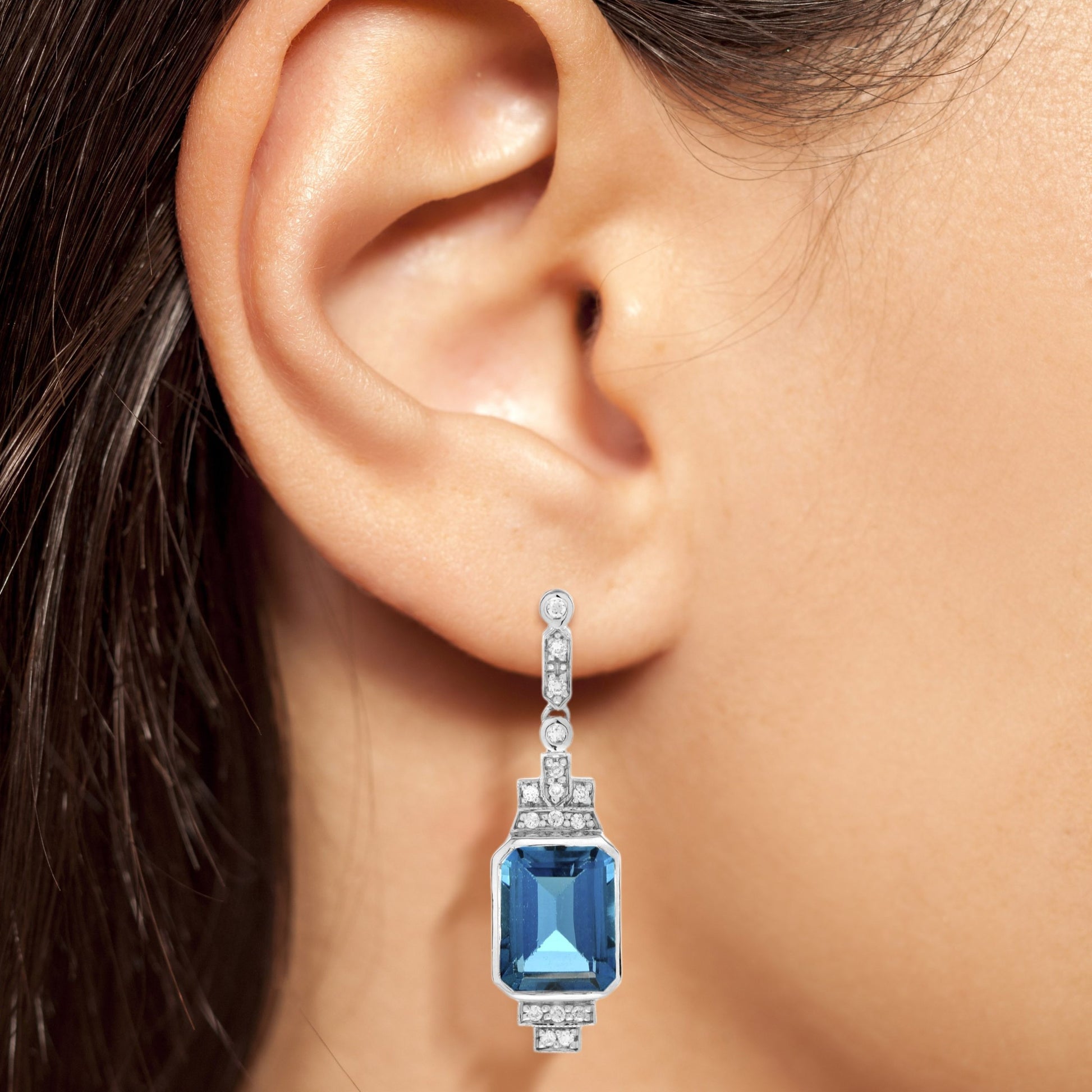 London Blue Topaz & Diamond Step Art Deco Style Drop White Gold Earrings