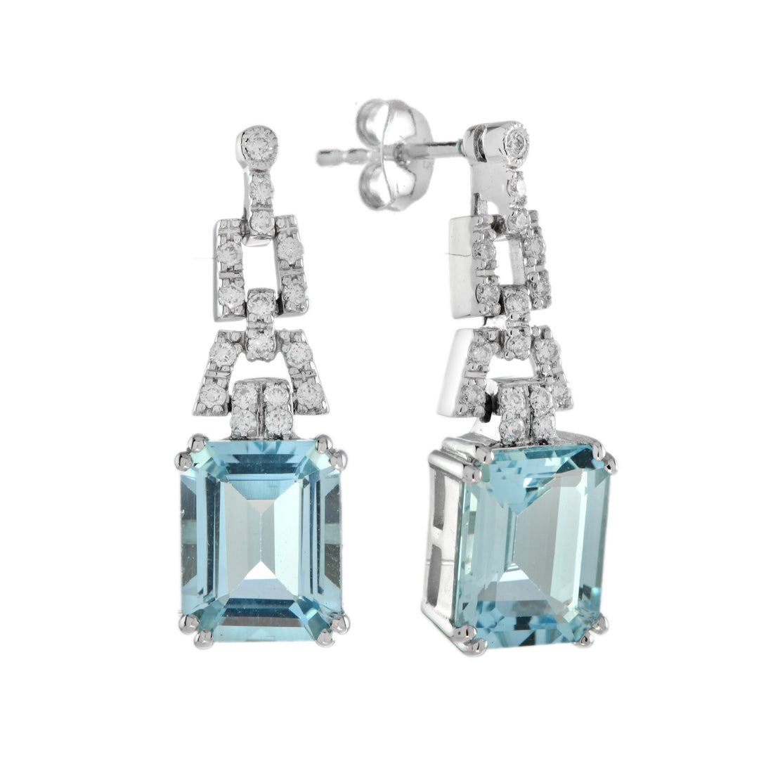 Emerald Cut Blue Topaz & Diamond Drop 14K White Gold Dangle Earrings