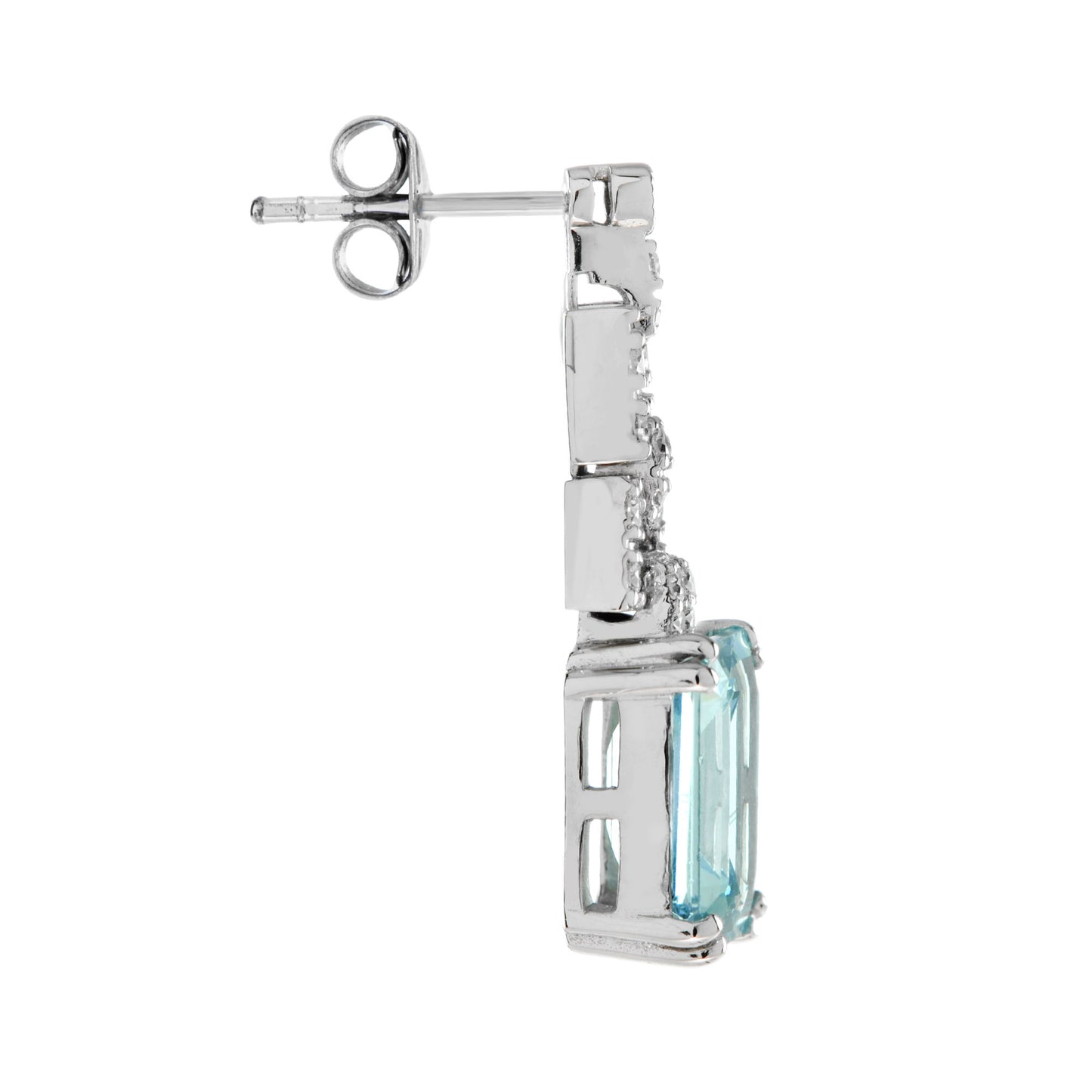 emerald cut blue topaz & diamond drop 14k white gold dangle earrings