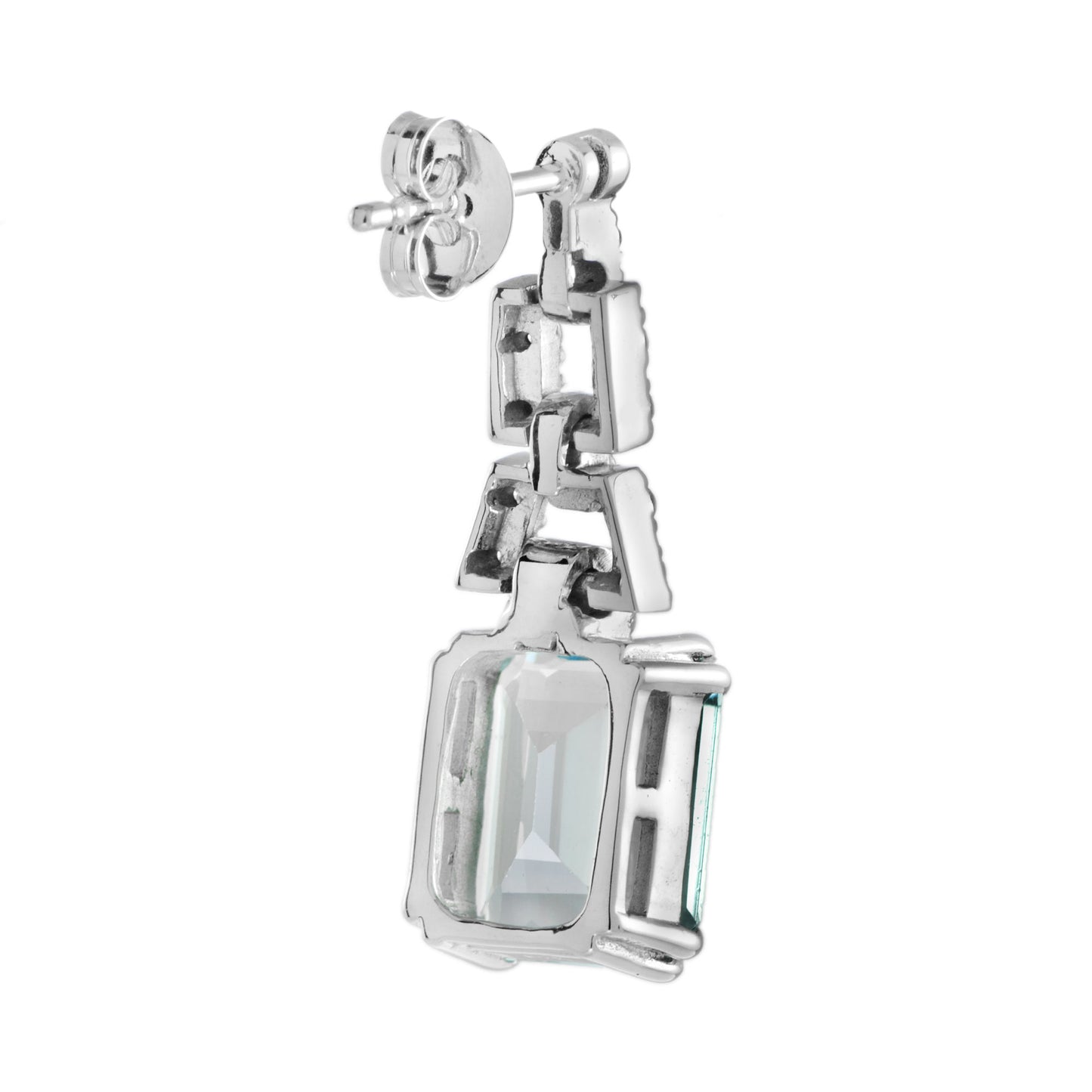 emerald cut blue topaz & diamond drop 14k white gold dangle earrings