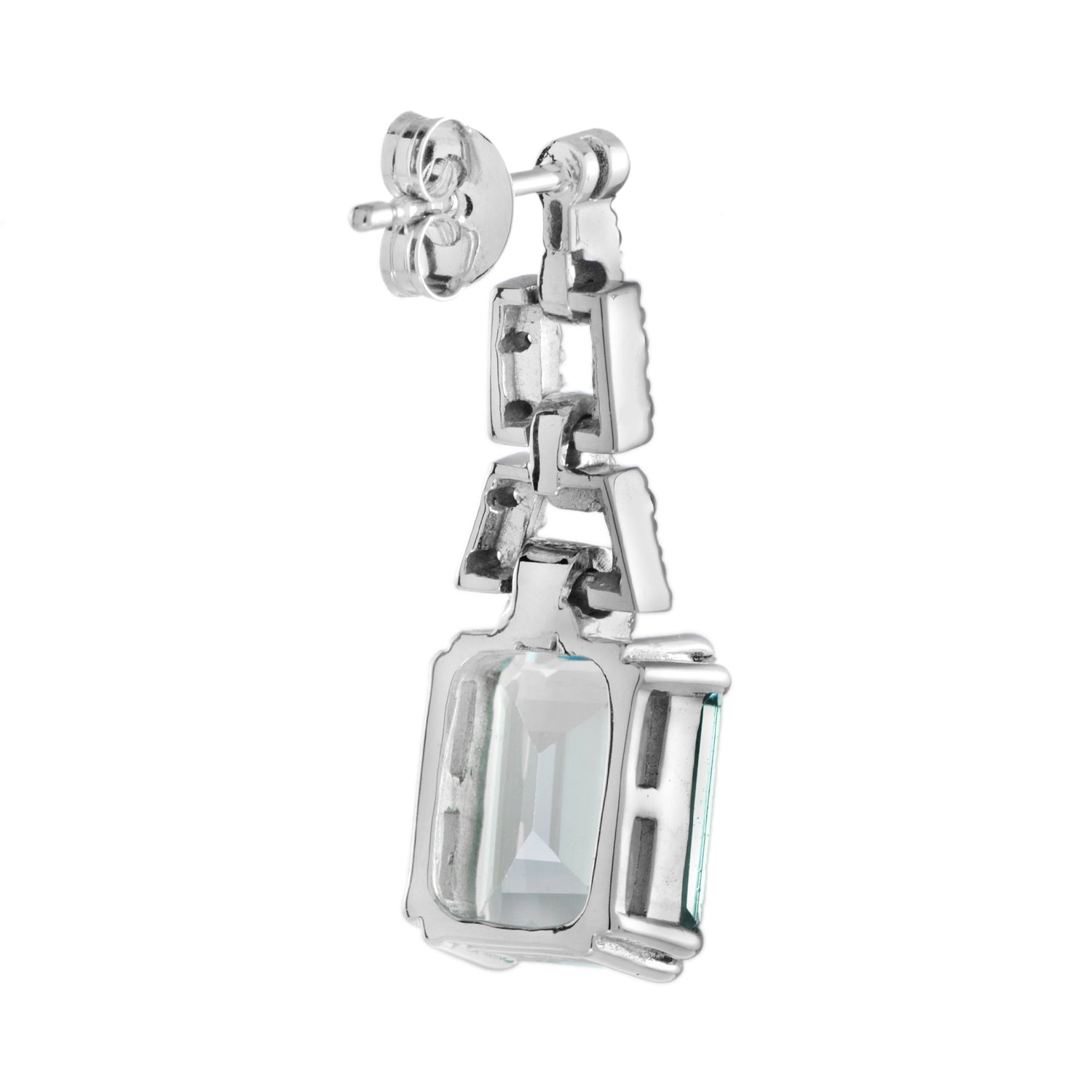 Emerald Cut Blue Topaz &amp; Diamond Drop 14K White Gold Dangle Earrings