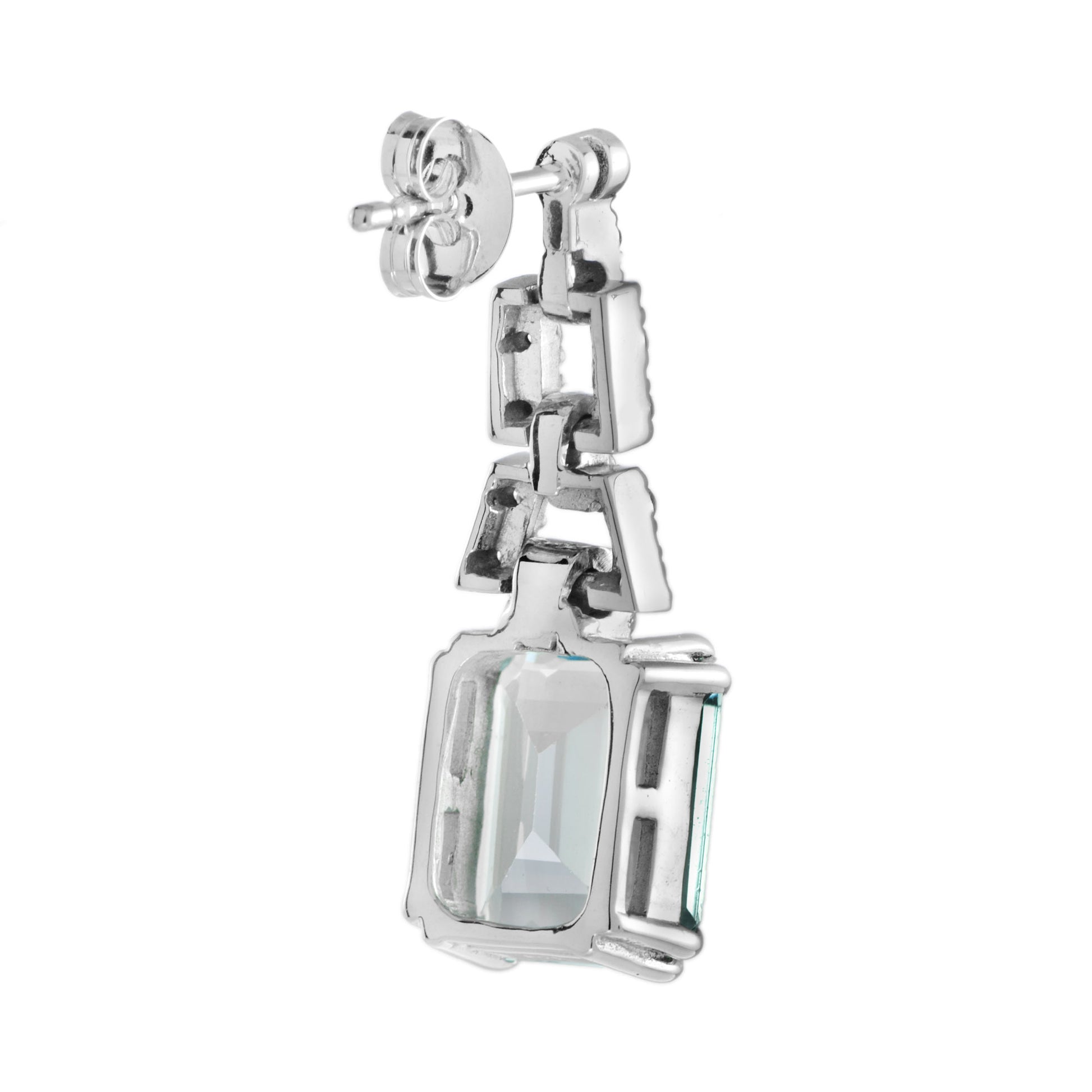 Emerald Cut Blue Topaz & Diamond Drop 14K White Gold Dangle Earrings
