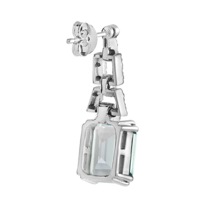 Emerald Cut Blue Topaz & Diamond Drop 14K White Gold Dangle Earrings