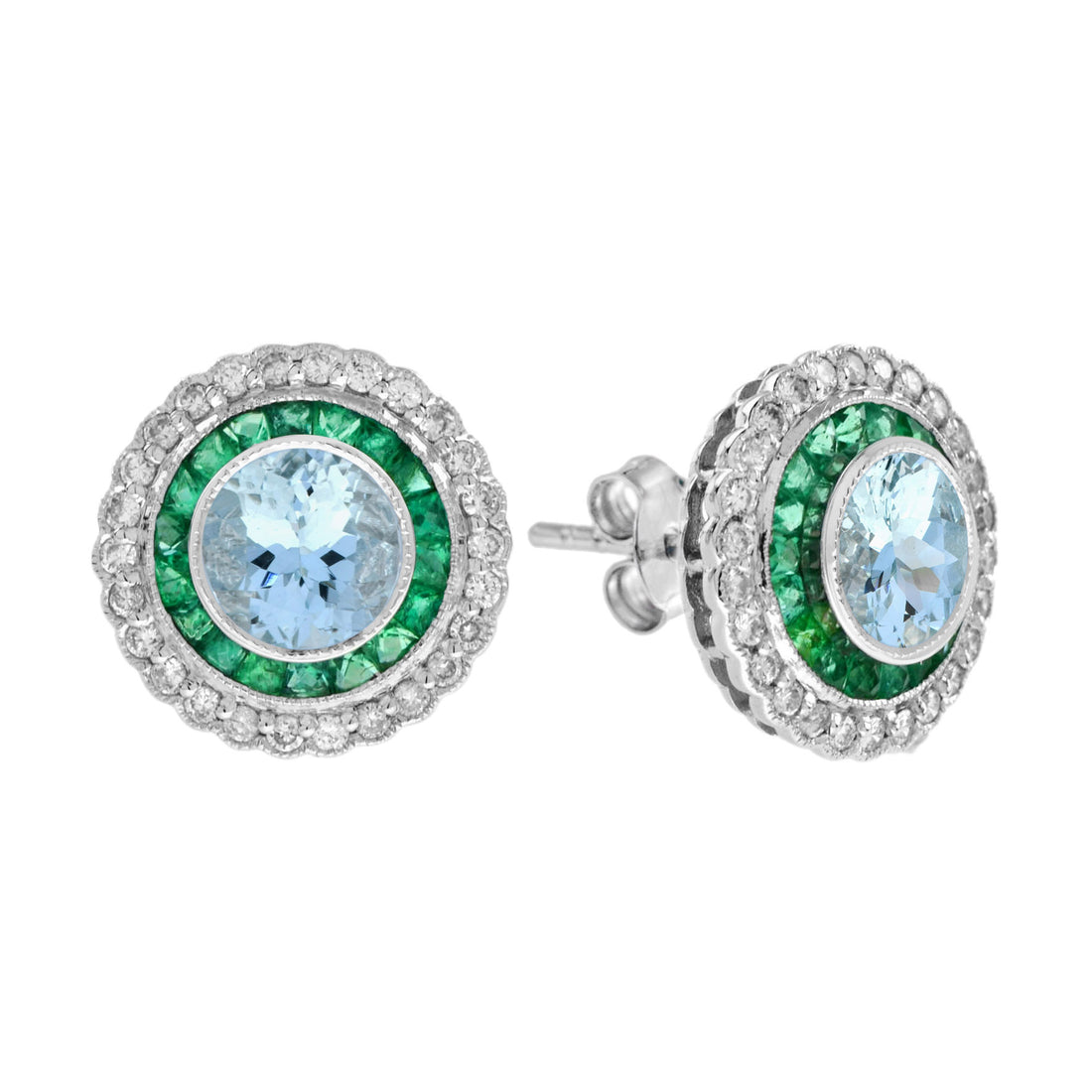 Aquamarine Emerald Diamond Art Deco Style Stud White Gold Earrings