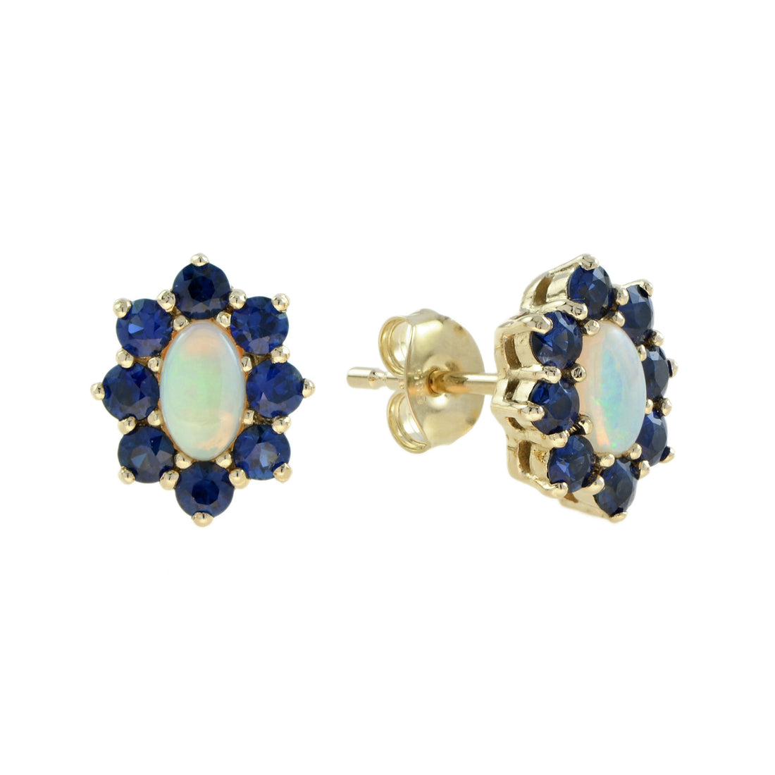 Opal Blue Sapphire Vintage Style Floral Stud 14K Yellow Gold Earrings
