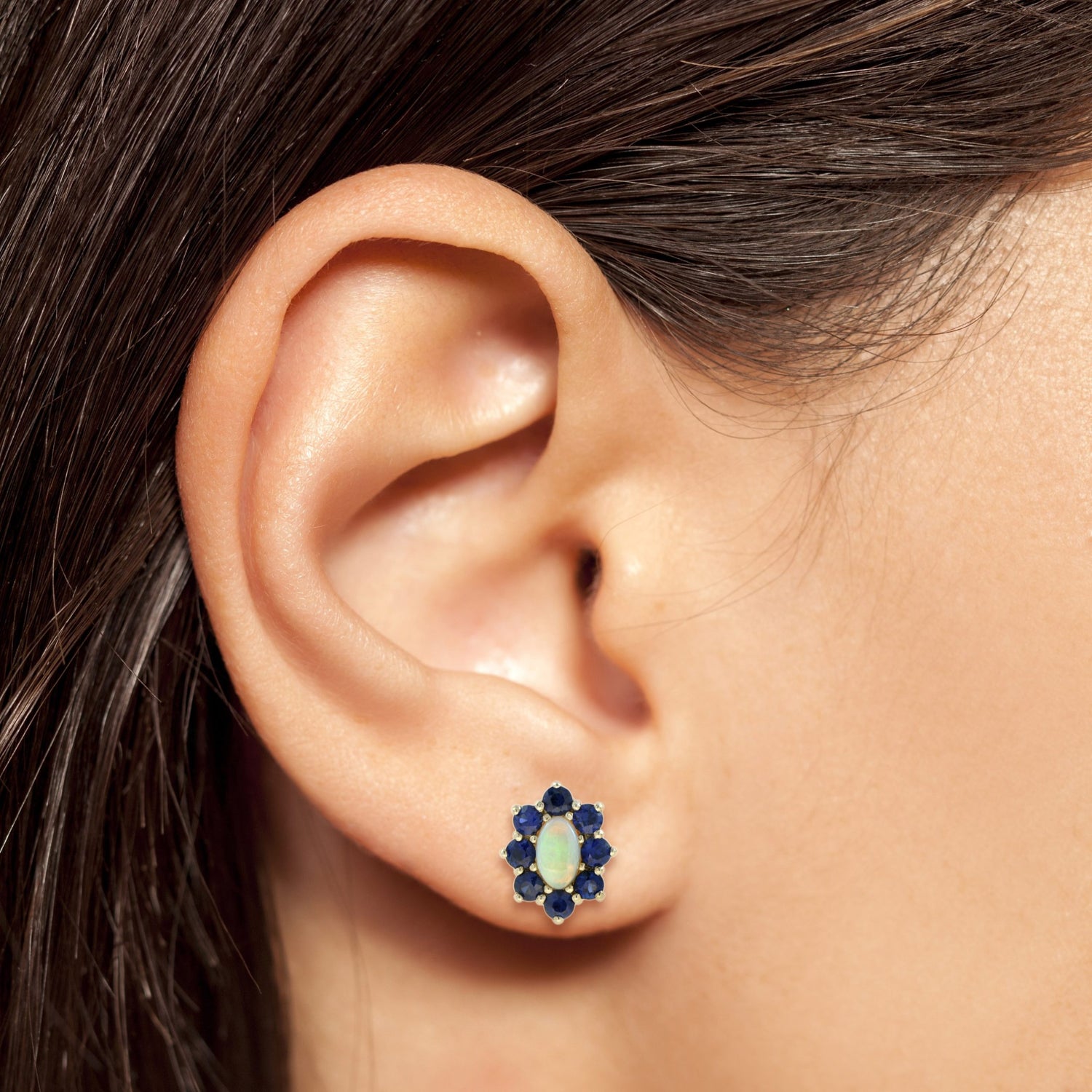 Opal Blue Sapphire Vintage Style Floral Stud 14K Yellow Gold Earrings