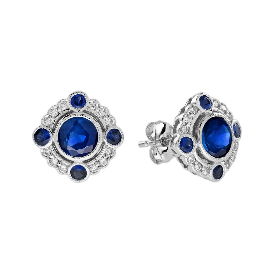 Blue Sapphire & Diamond Art Deco Style Target Stud 14K White Gold Earrings