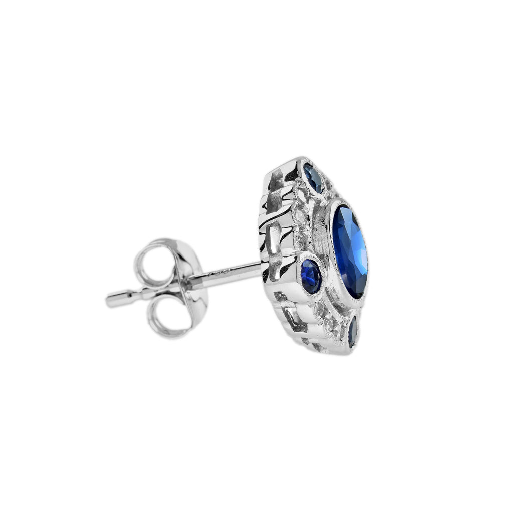 Blue Sapphire & Diamond Art Deco Style Target Stud 14K White Gold Earrings