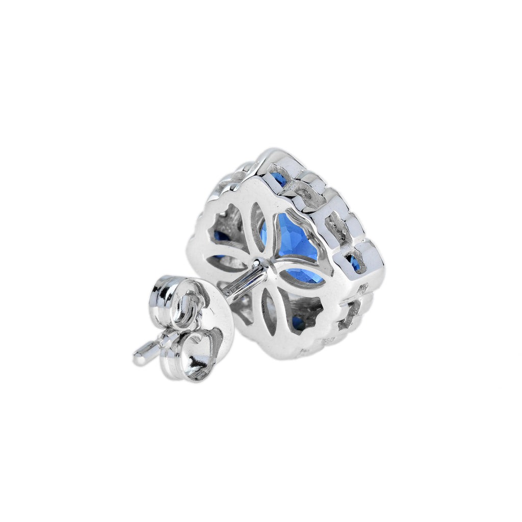 Blue Sapphire & Diamond Art Deco Style Target Stud 14K White Gold Earrings