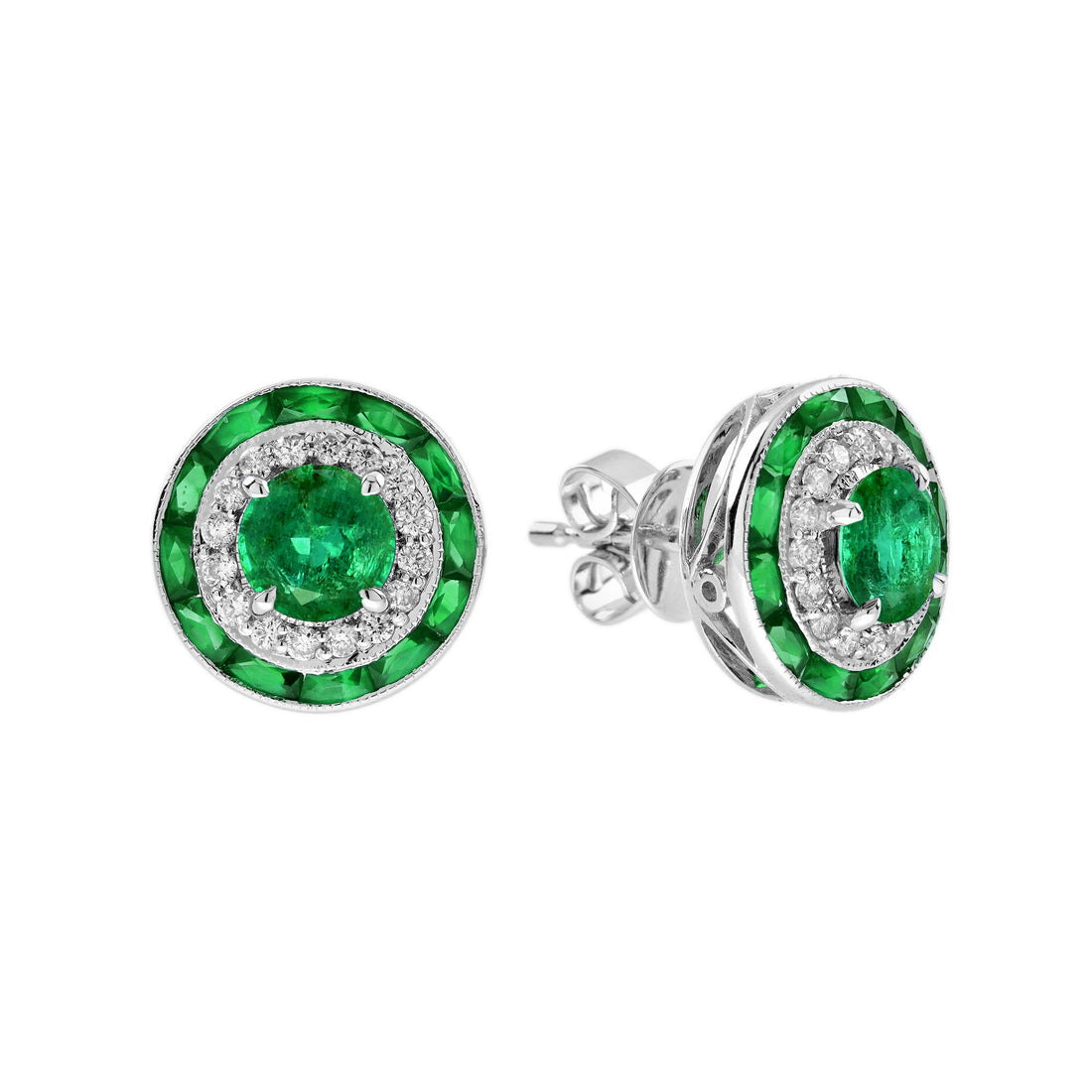 Round Shape Green Emerald & Diamond Art Deco Style Double Halo Stud Earrings