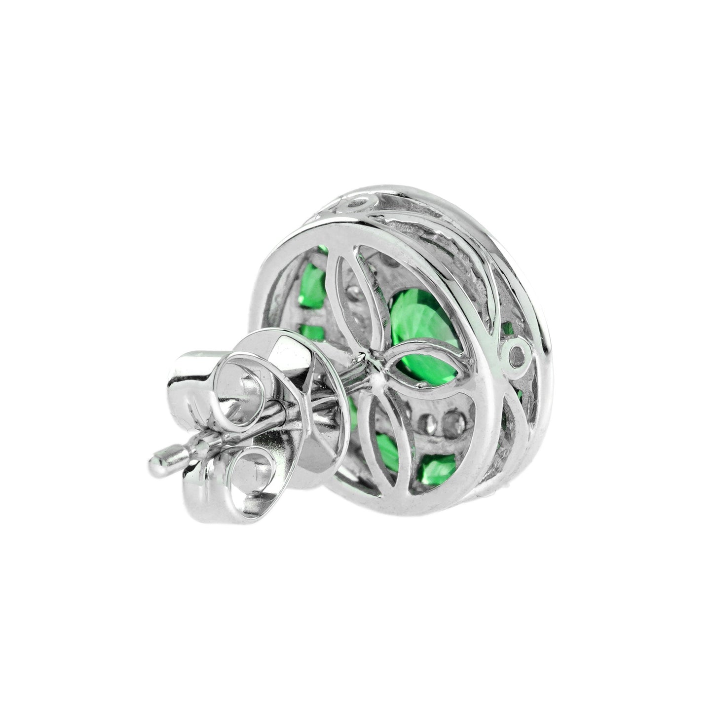 round shape green emerald & diamond art deco style double halo stud earrings