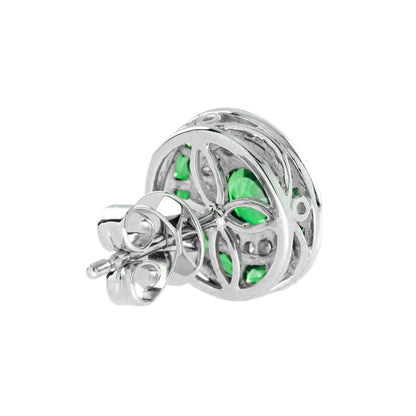 Round Shape Green Emerald & Diamond Art Deco Style Double Halo Stud Earrings