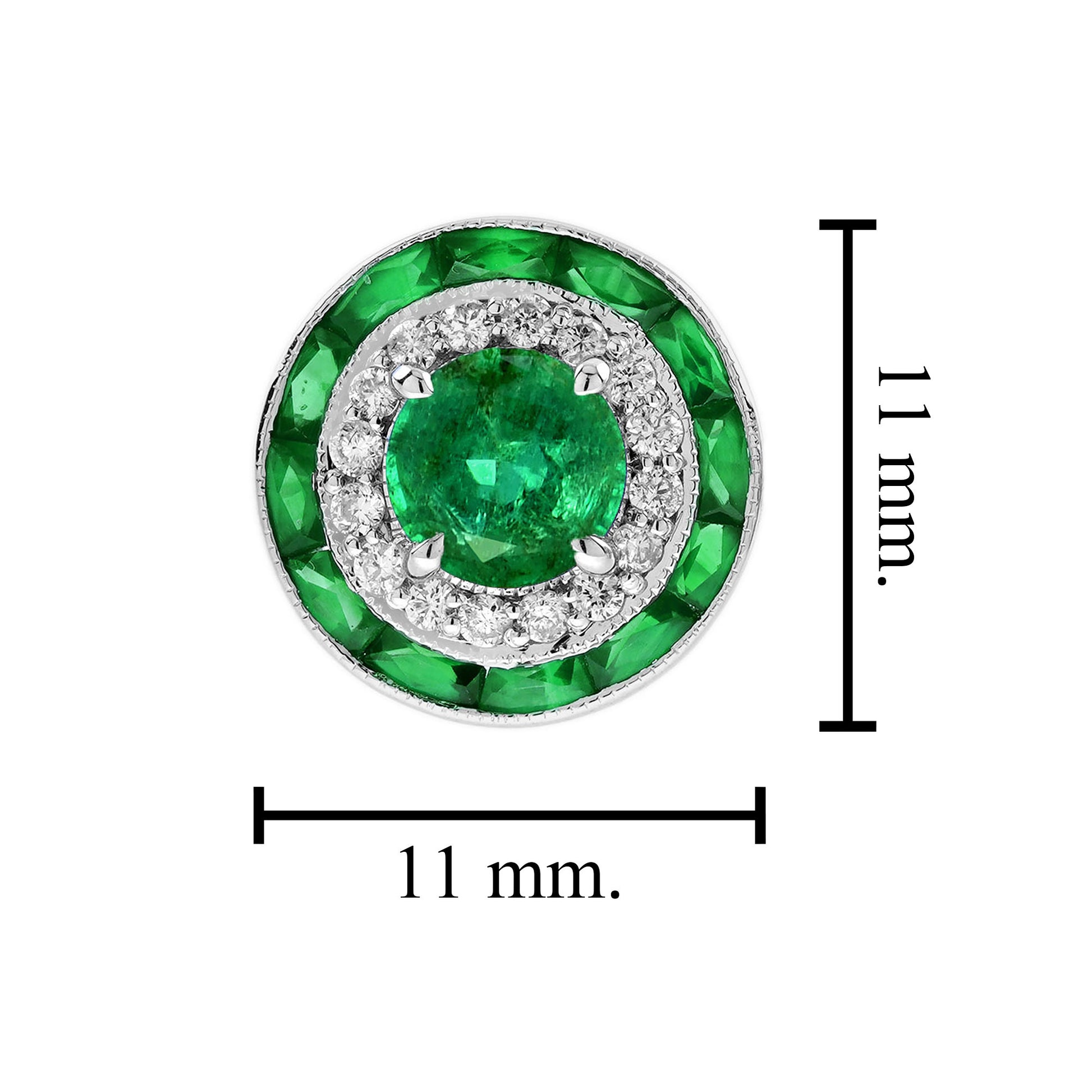 Round Shape Green Emerald & Diamond Art Deco Style Double Halo Stud Earrings