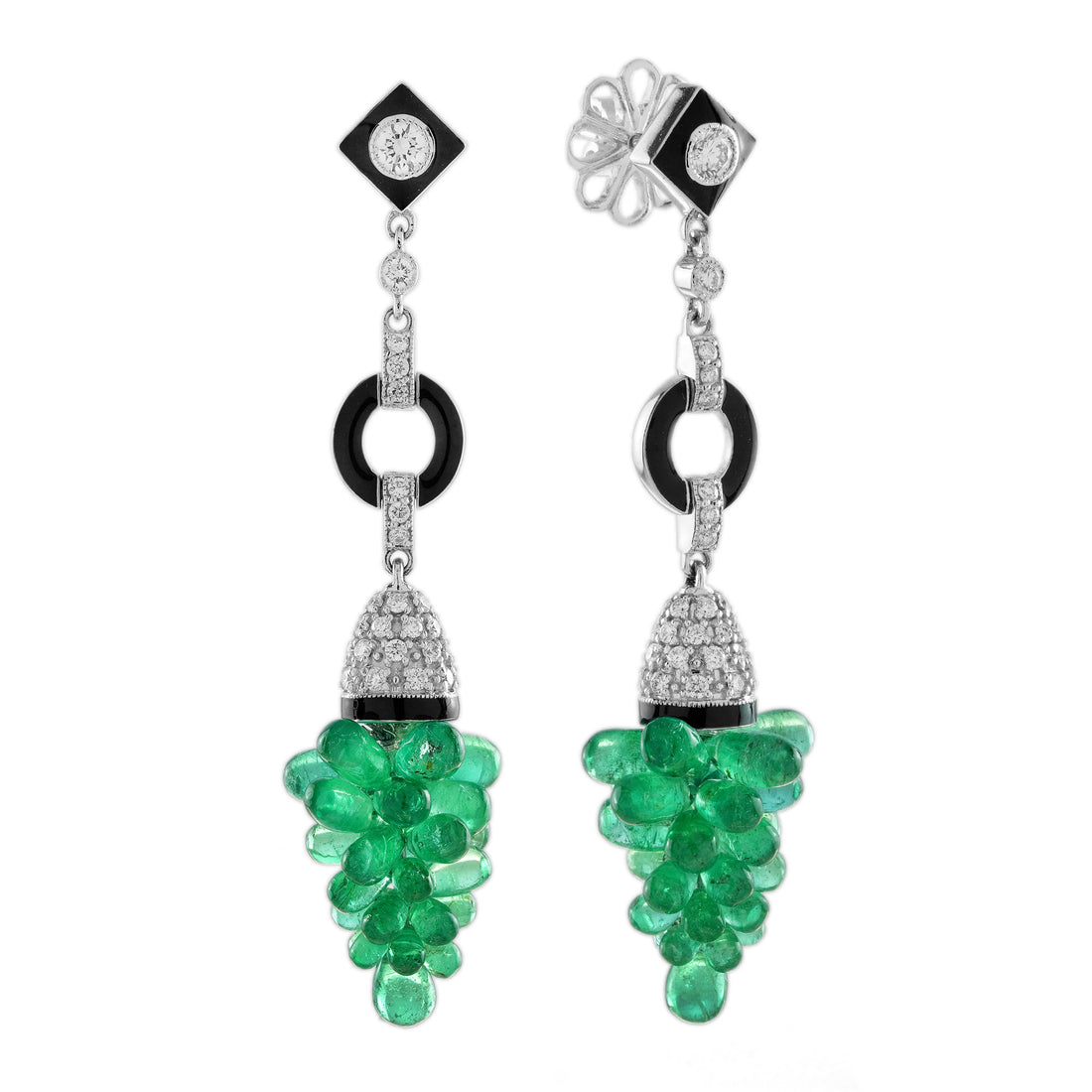 18.80 Ct. Green Emerald & Diamond Enamel Grape Shape Drop White Gold Earrings