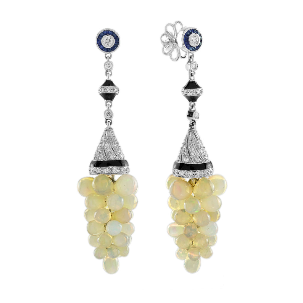 White Opal Grape Diamond Blue Sapphire Black Enamel Vintage Style Drop Earrings