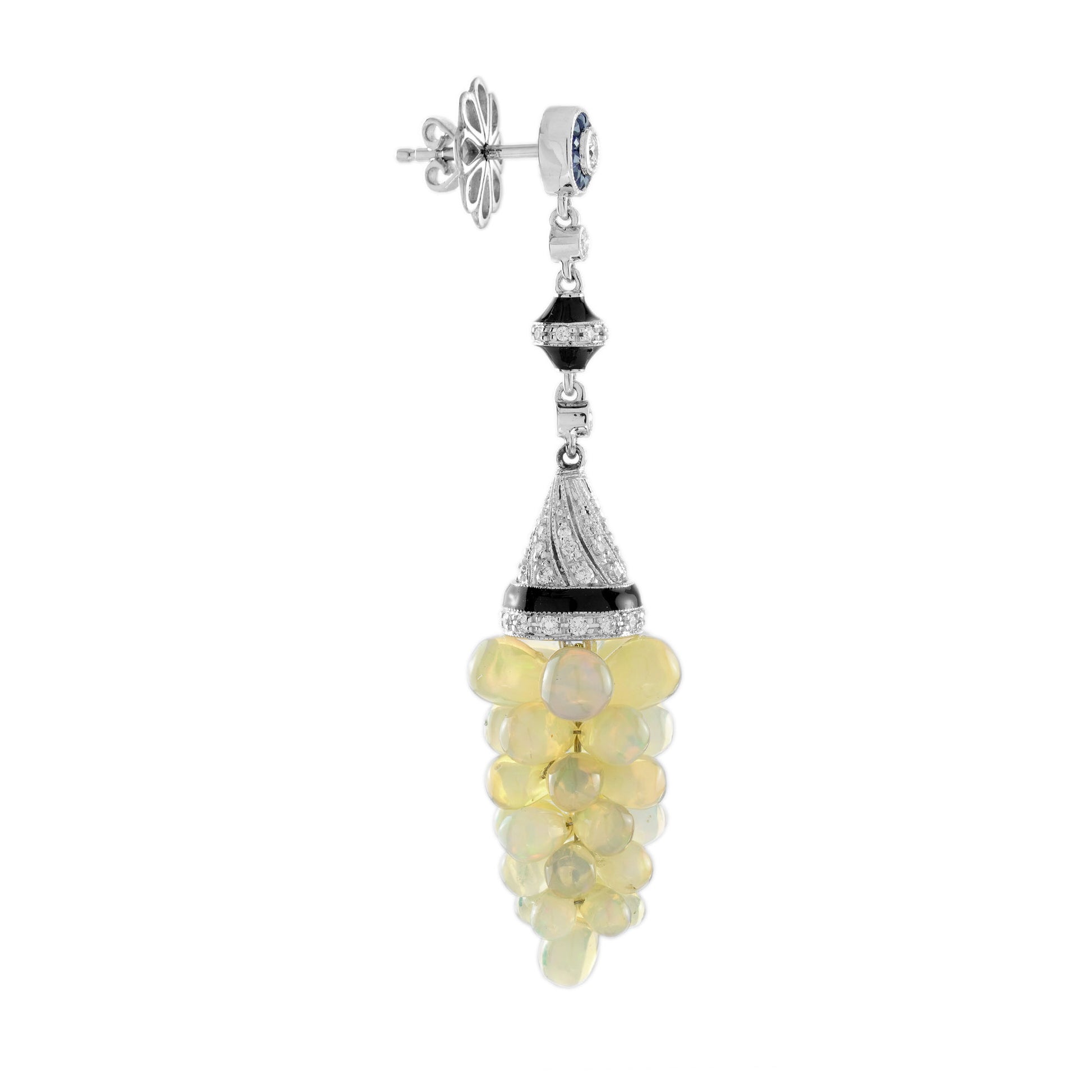 White Opal Grape Diamond Blue Sapphire Black Enamel Vintage Style Drop Earrings