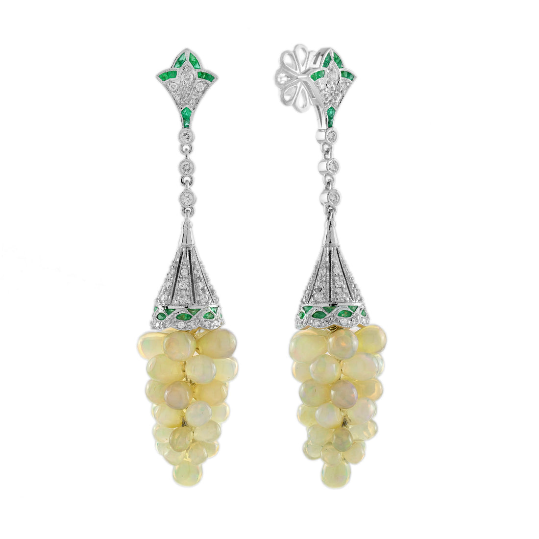 White Yellow Opal Grape & Diamond Green Emerald Vintage Style Drop Gold Earrings