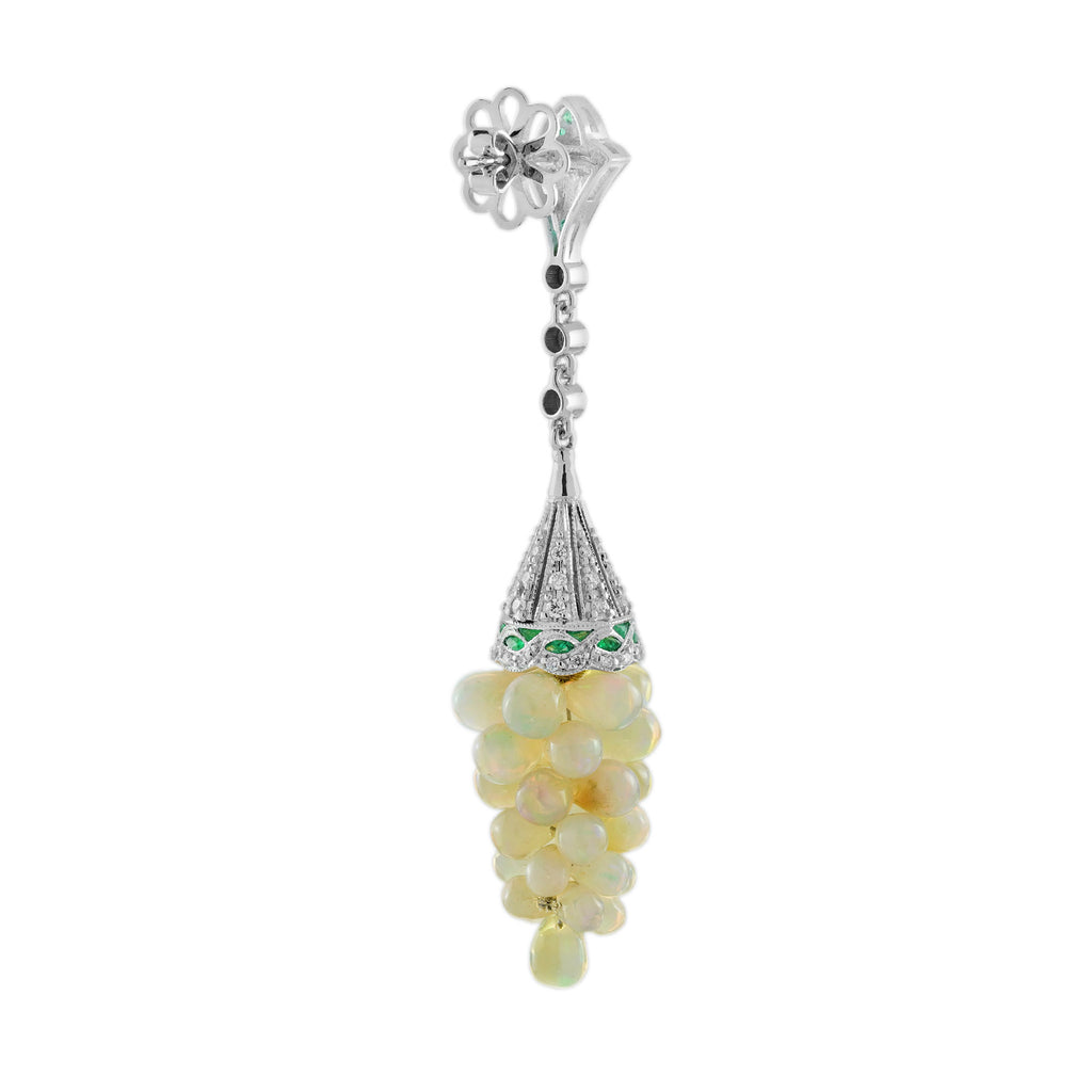 White Yellow Opal Grape & Diamond Green Emerald Vintage Style Drop Gold Earrings