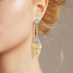 White Yellow Opal Grape & Diamond Green Emerald Vintage Style Drop Gold Earrings