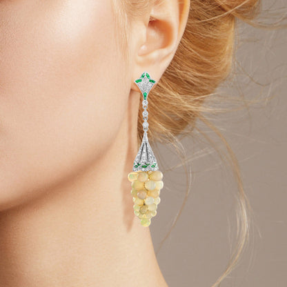 White Yellow Opal Grape & Diamond Green Emerald Vintage Style Drop Gold Earrings
