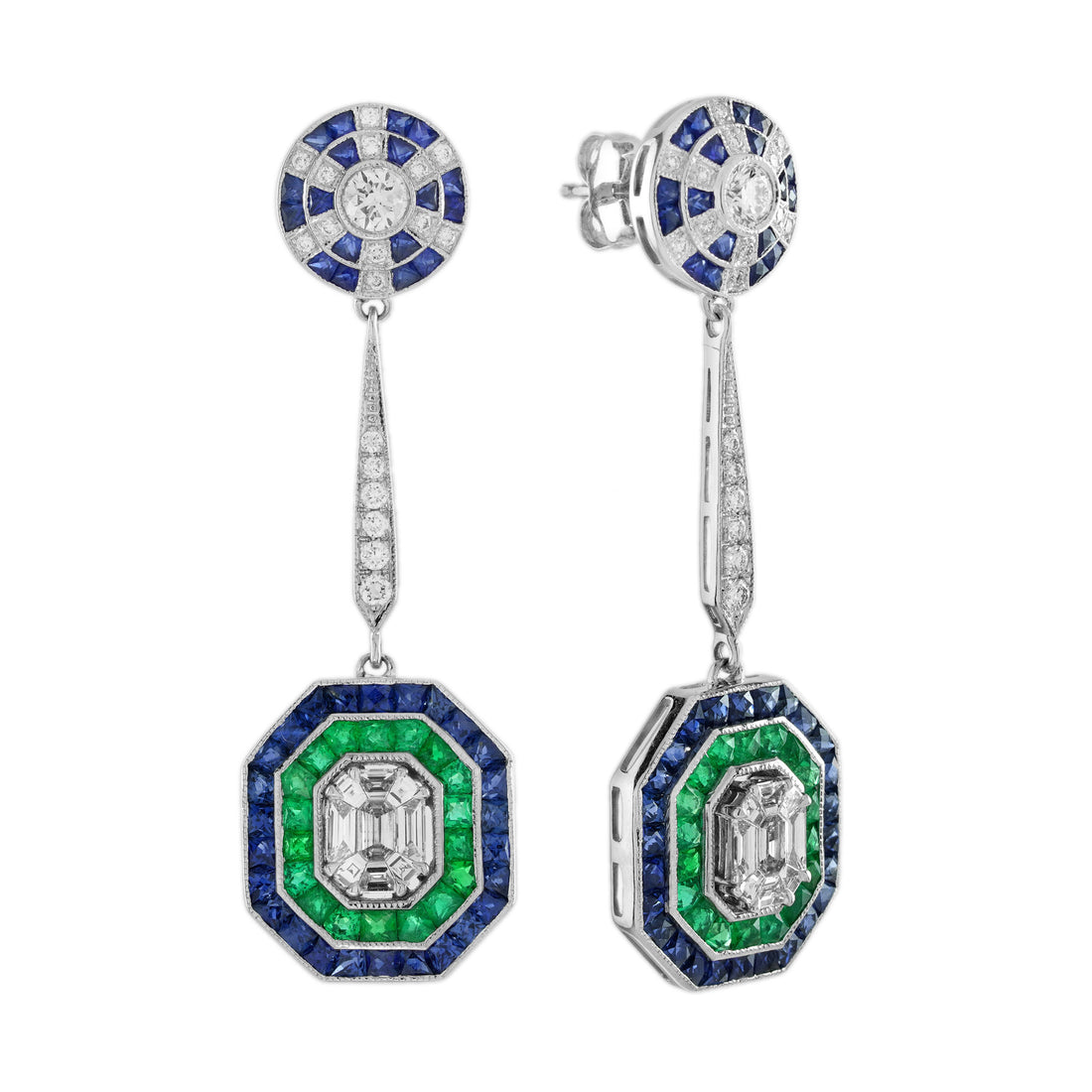 Diamond & Emerald Sapphire Fancy Halo Art Deco Style Drop White Gold Earrings