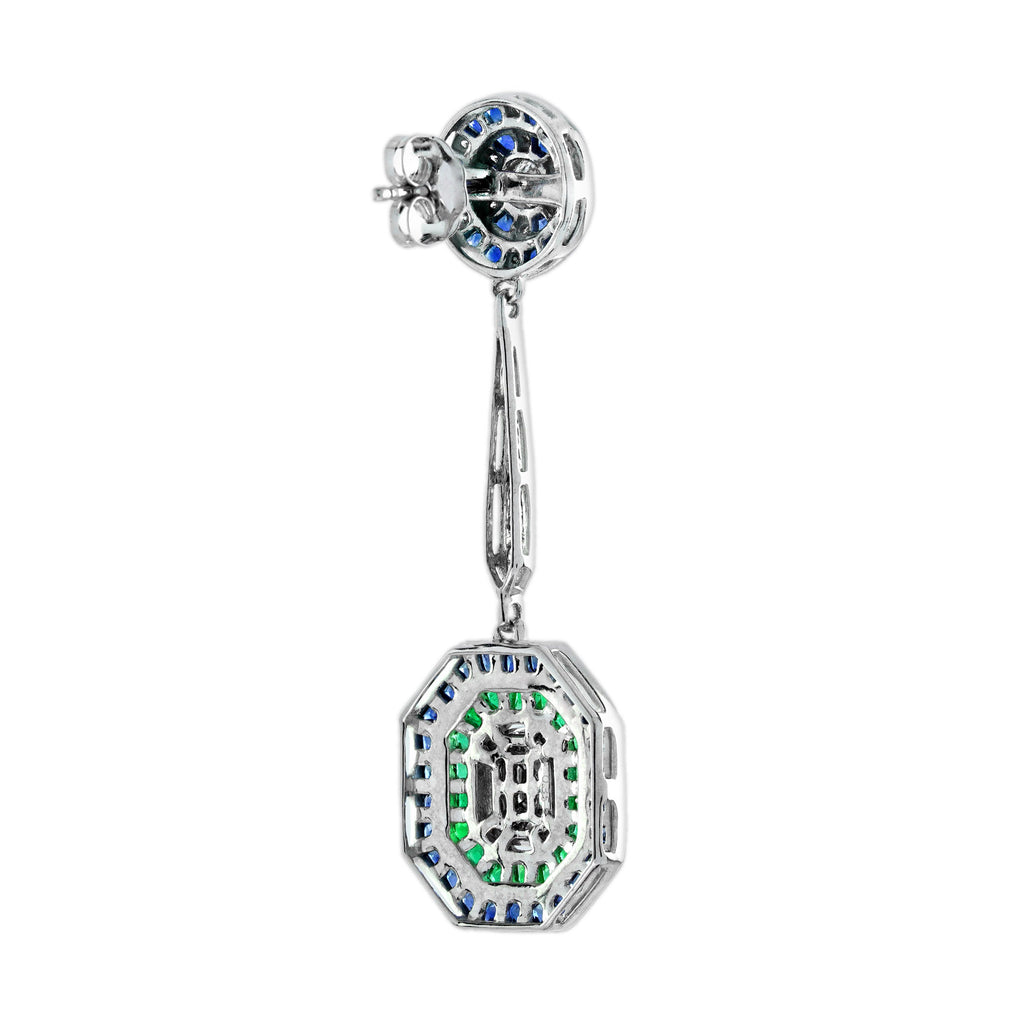 Diamond & Emerald Sapphire Fancy Halo Art Deco Style Drop White Gold Earrings