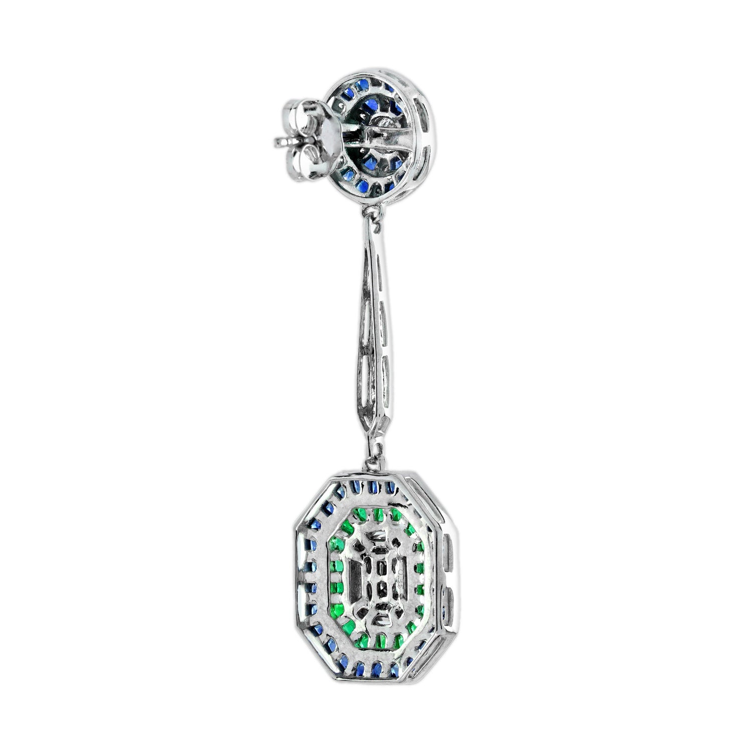 Diamond &amp; Emerald Sapphire Fancy Halo Art Deco Style Drop White Gold Earrings