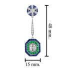Diamond & Emerald Sapphire Fancy Halo Art Deco Style Drop White Gold Earrings