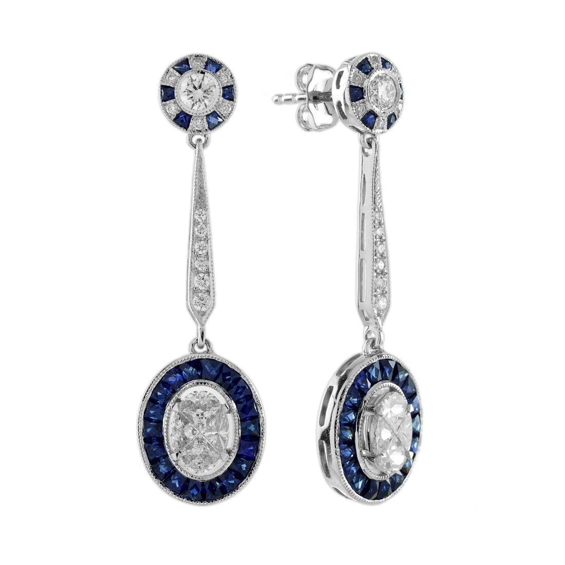 Diamond & Blue Sapphire Vintage Inspired Art Deco Style Drop White Gold Earrings