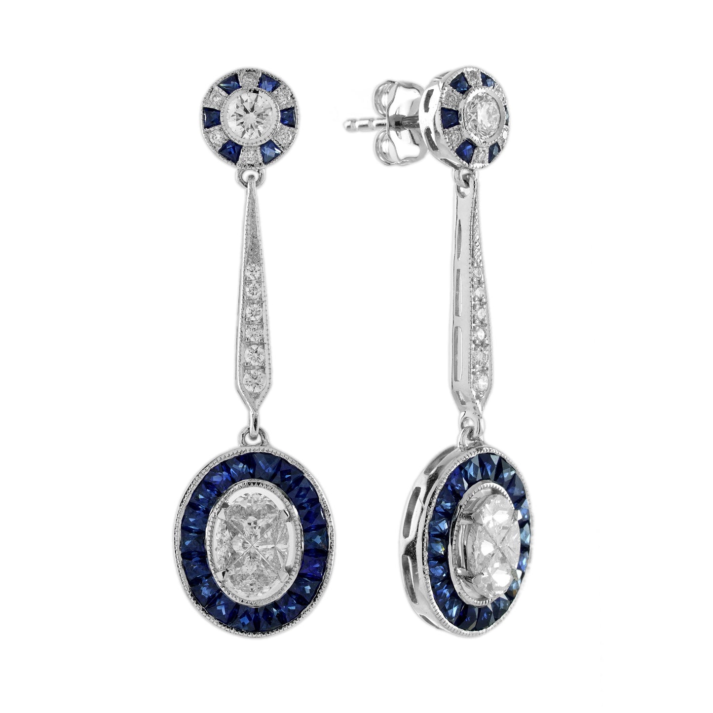 diamond & blue sapphire vintage inspired art deco style drop white gold earrings