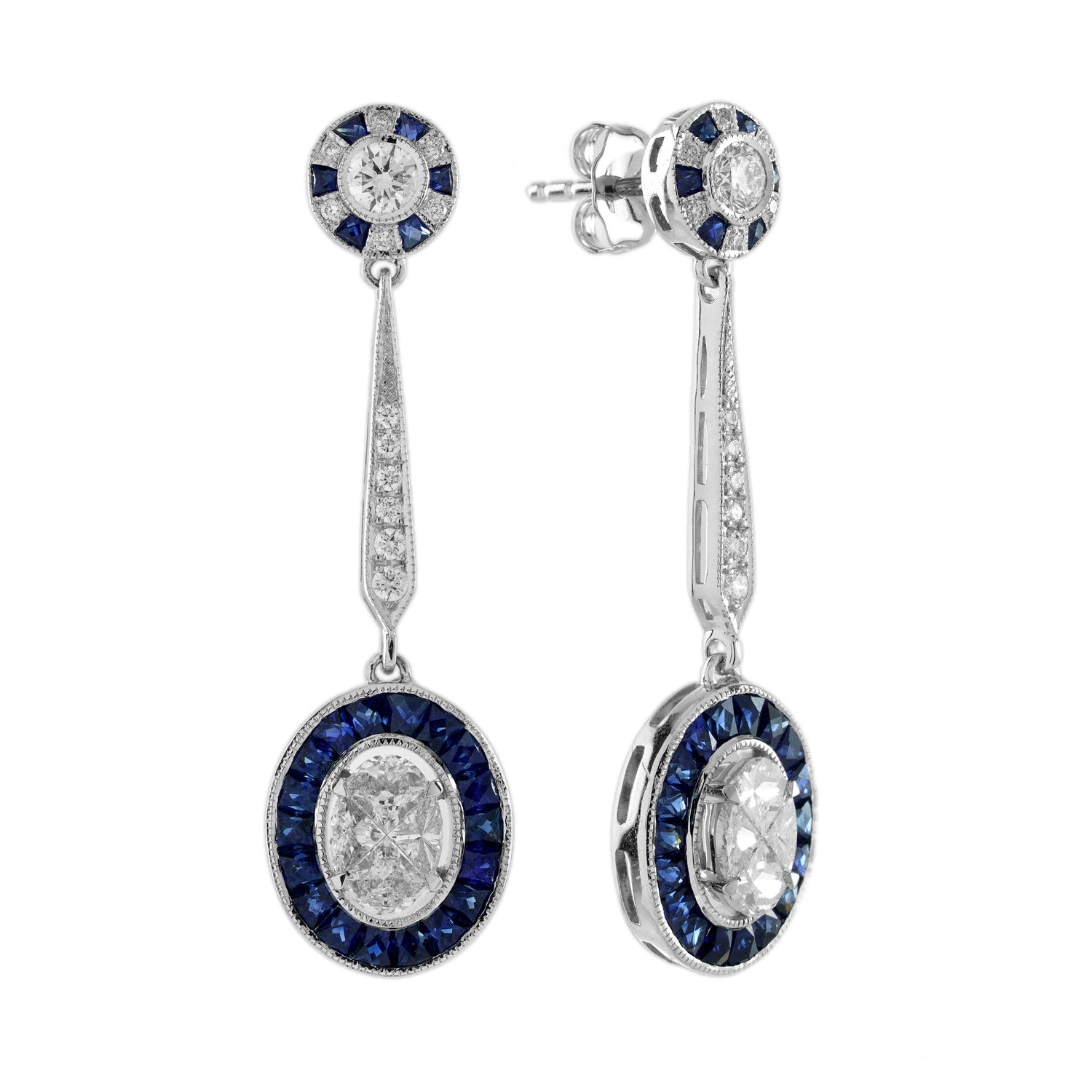 Diamond &amp; Blue Sapphire Vintage Inspired Art Deco Style Drop White Gold Earrings