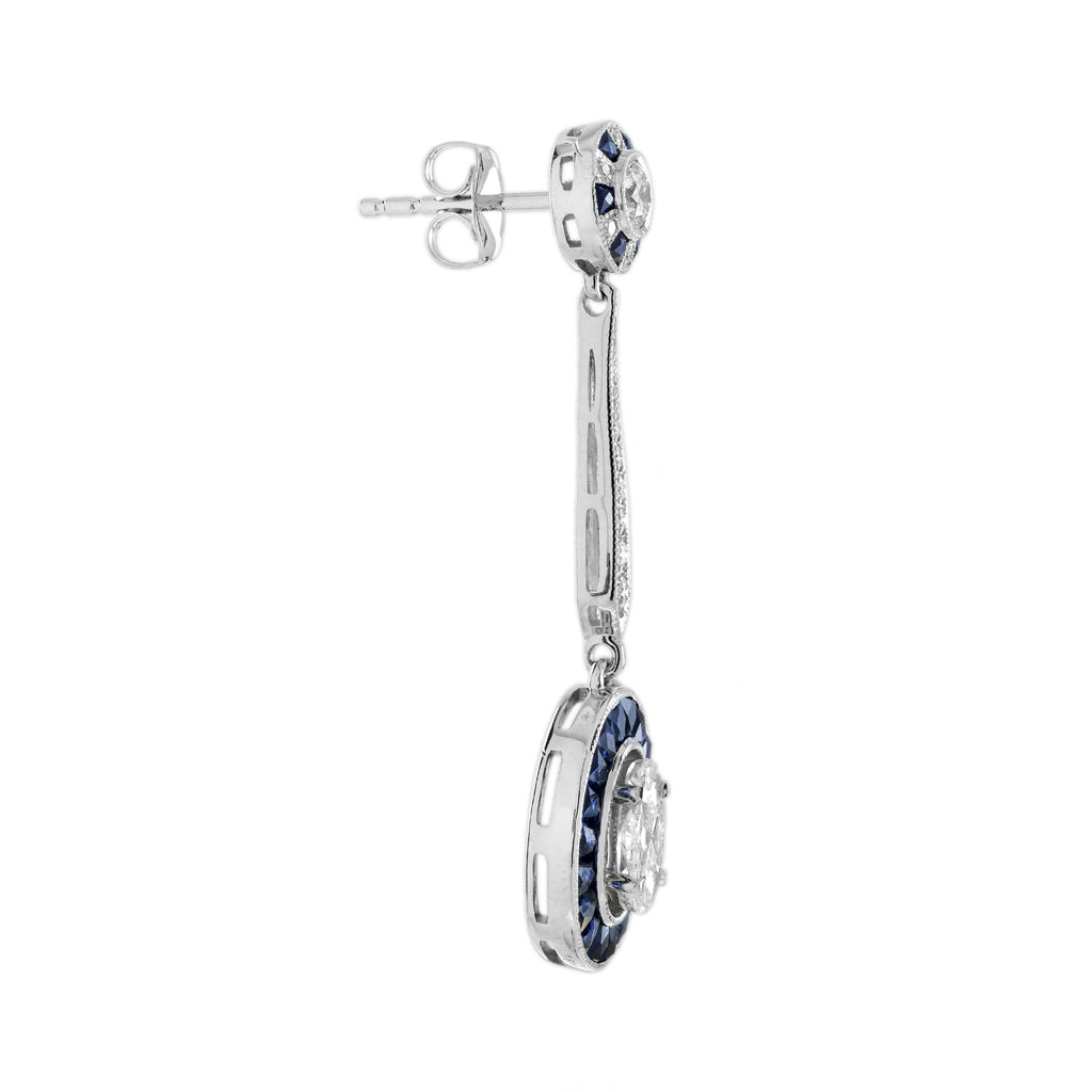 Diamond & Blue Sapphire Vintage Inspired Art Deco Style Drop White Gold Earrings