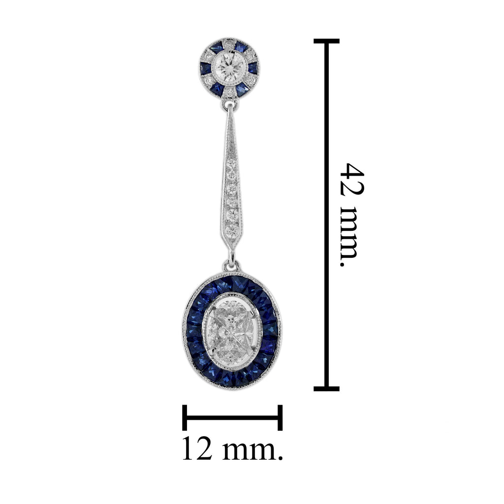 Diamond & Blue Sapphire Vintage Inspired Art Deco Style Drop White Gold Earrings