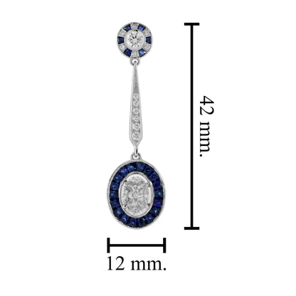 Diamond & Blue Sapphire Vintage Inspired Art Deco Style Drop White Gold Earrings