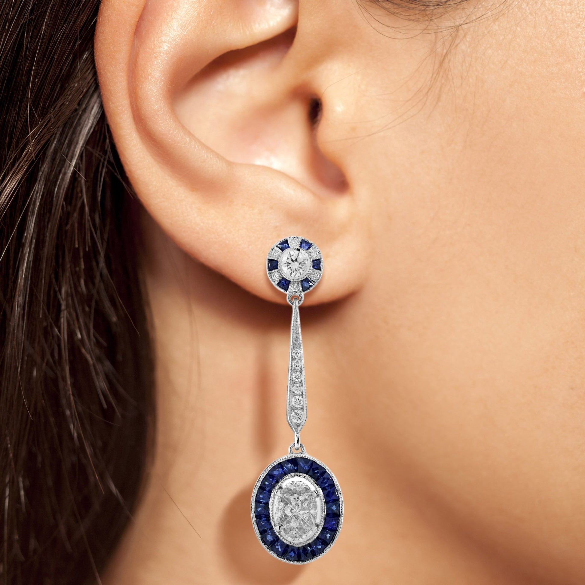 Diamond & Blue Sapphire Vintage Inspired Art Deco Style Drop White Gold Earrings