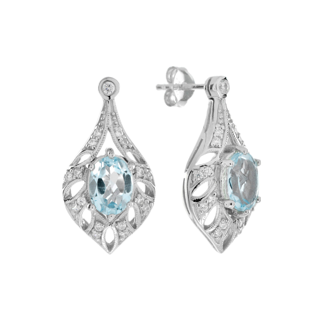 Blue Topaz & Diamond Open Work Frame Art Deco Style Drop White Gold Earrings