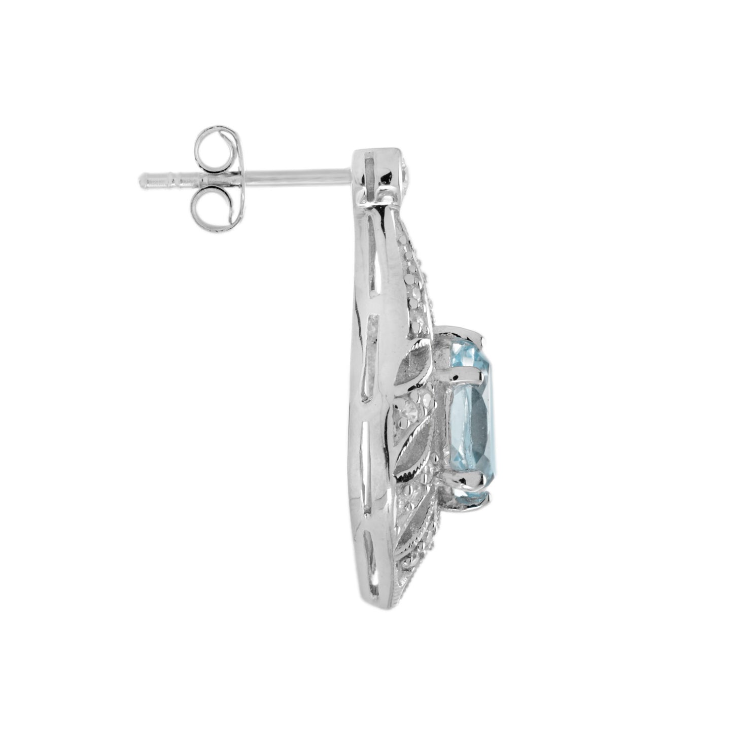 blue topaz & diamond open work frame art deco style drop white gold earrings