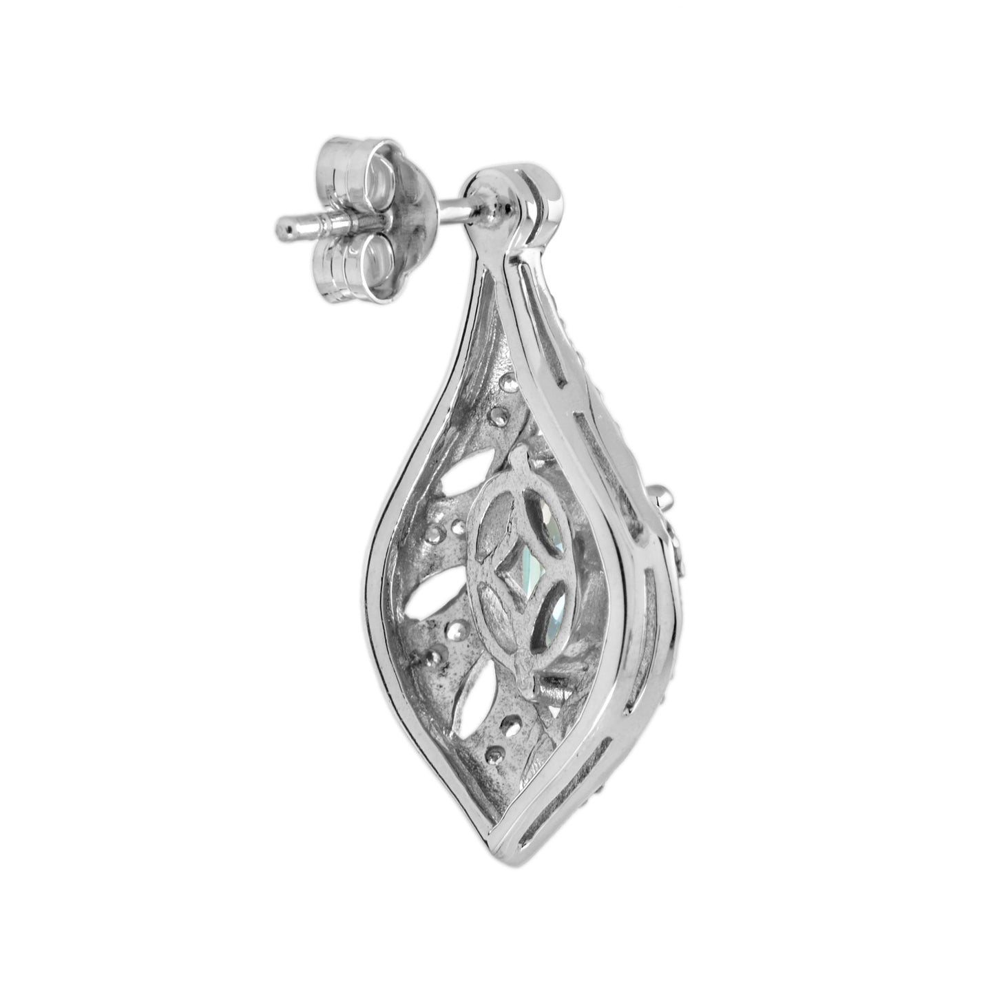 blue topaz & diamond open work frame art deco style drop white gold earrings