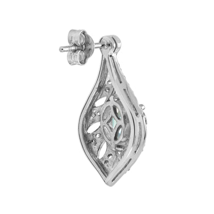 Blue Topaz & Diamond Open Work Frame Art Deco Style Drop White Gold Earrings