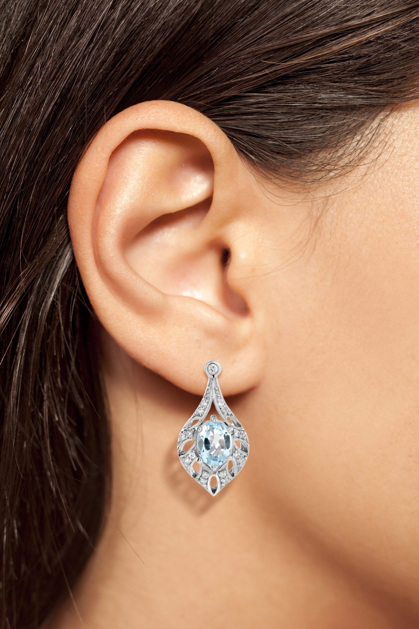 blue topaz & diamond open work frame art deco style drop white gold earrings
