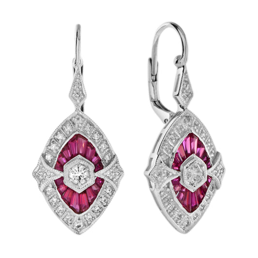 Diamond & Ruby Halo Invisible Set Marquise Shape Drop 14K White Gold Earrings