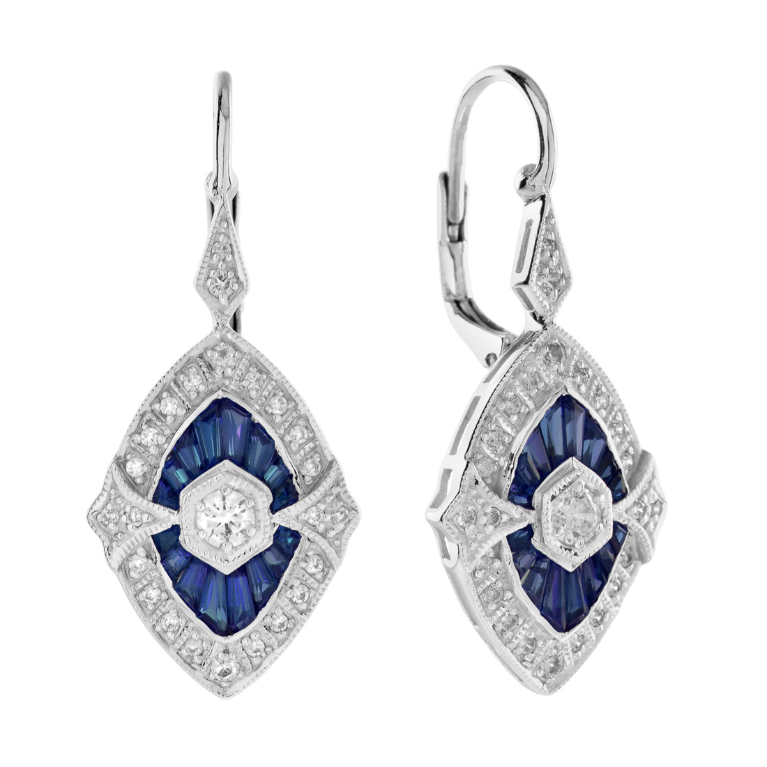 Diamond & French Cut Blue Sapphire Art Deco Inspired Drop White Gold Earrings