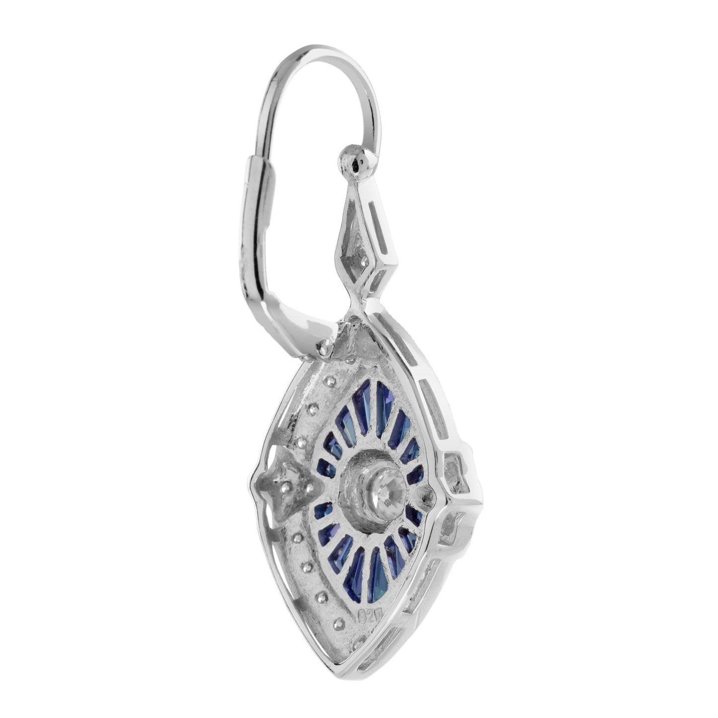 diamond & french cut blue sapphire art deco inspired drop white gold earrings